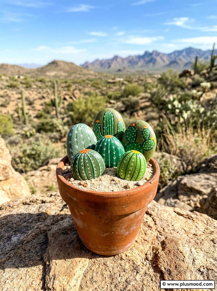 Cactus painted rocks - 25 painted rock ideas for potted plant display