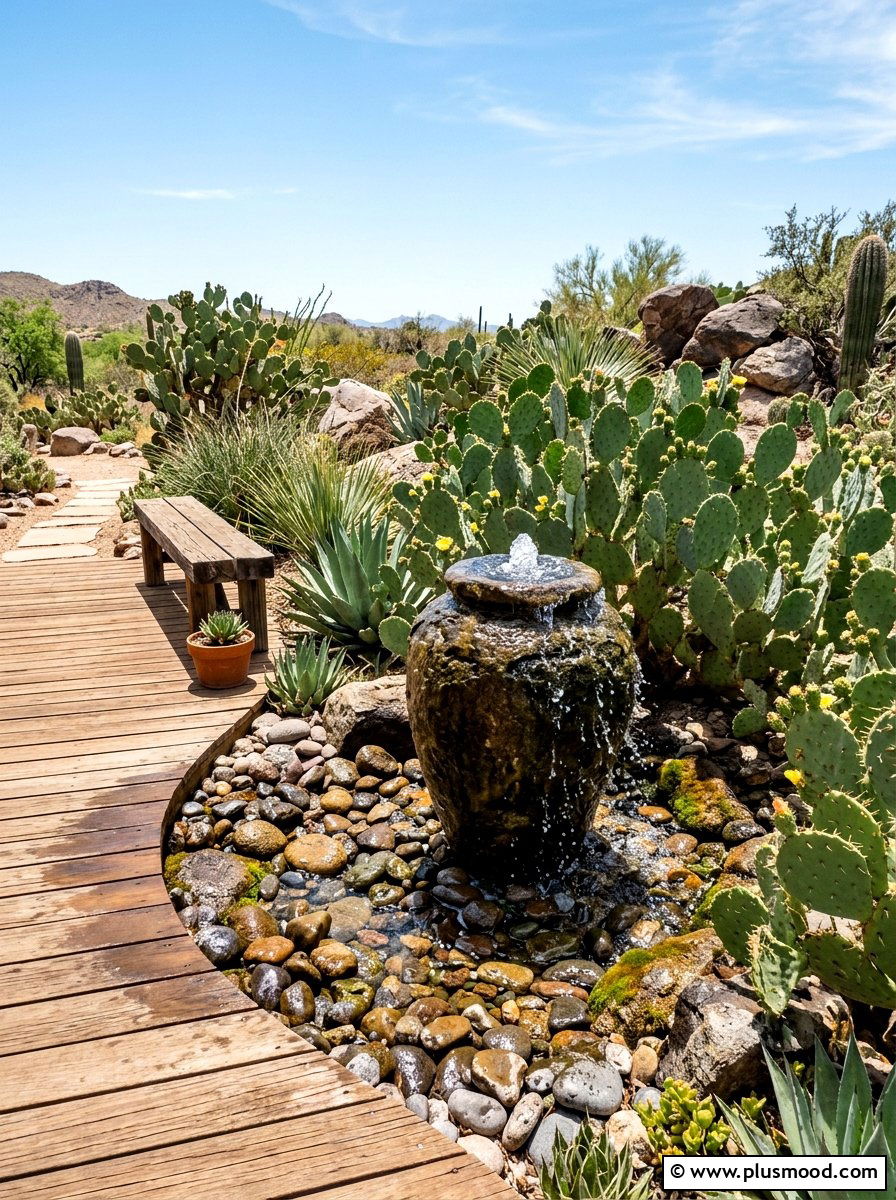 Cactus water feature - 25 small backyard ideas with cactus garden