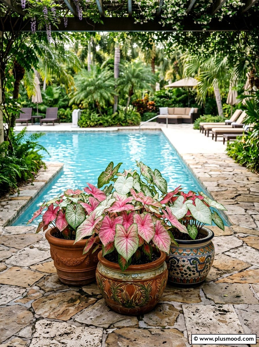 Caladium Plants Shaded Pool Pots - 25 pool landscaping ideas for shaded backyards