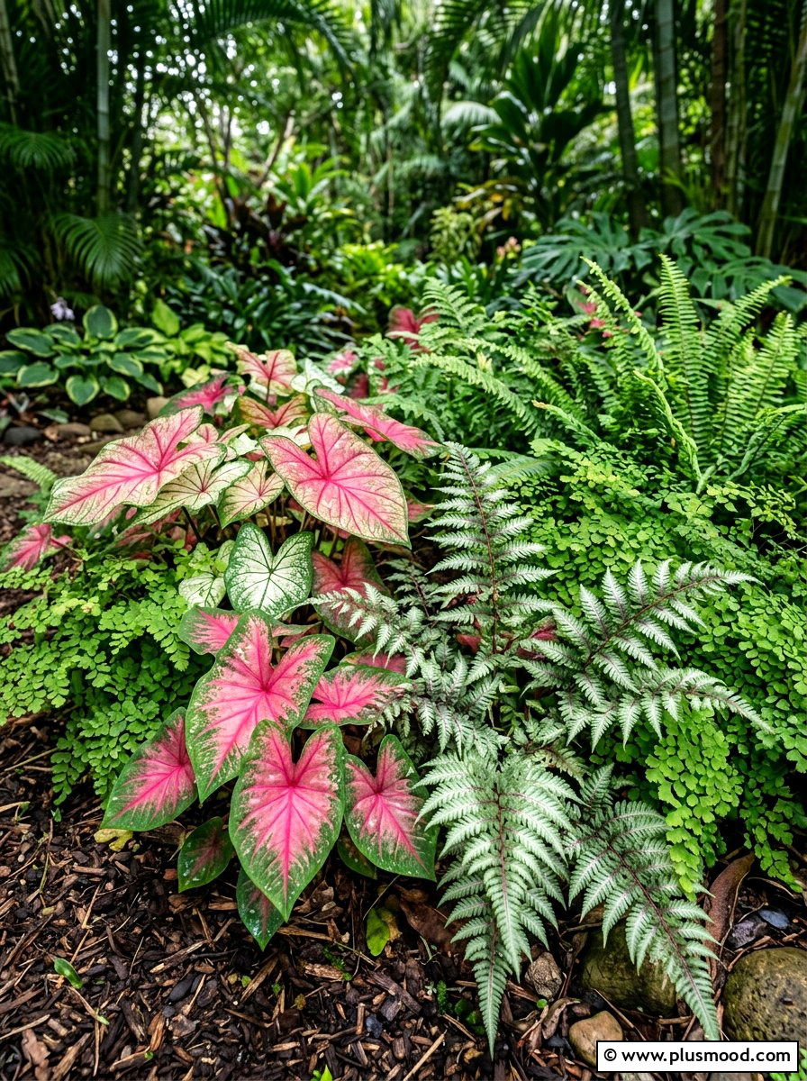 Caladium and fern shade mix - 25 summer evergreen and flower mix ideas