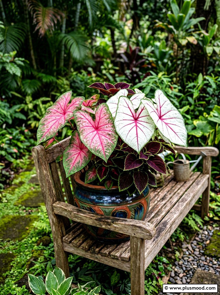 Caladium foliage pot - 25 summer garden pot arrangement ideas