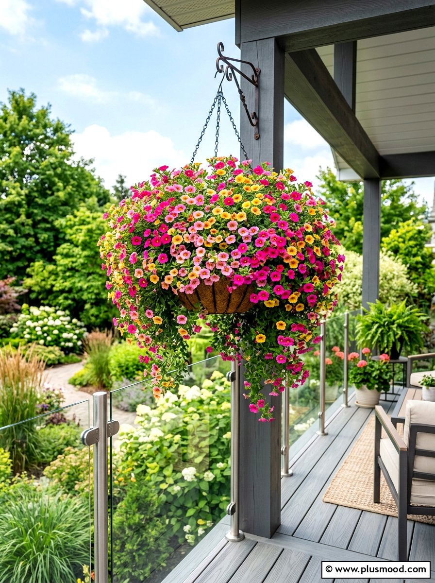 Calibrachoa trailing porch basket - 25 summer front porch decor ideas with hanging baskets