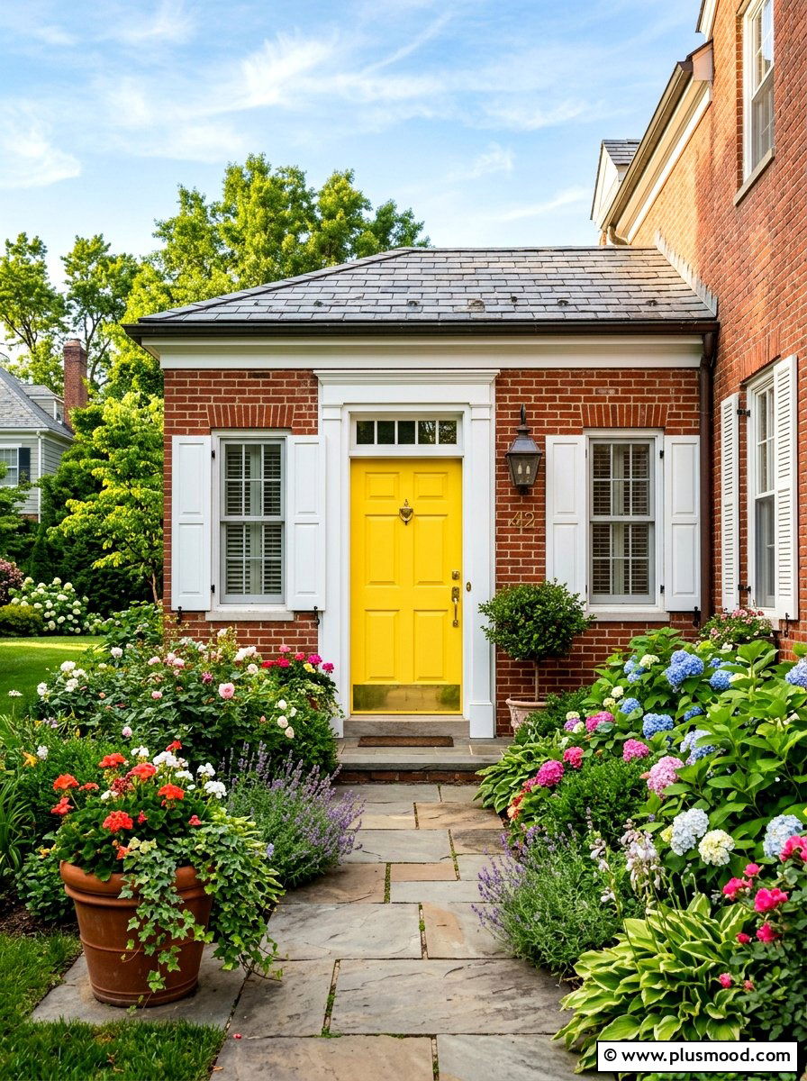 Canary yellow front door brick exterior - 25 summer yellow front door ideas