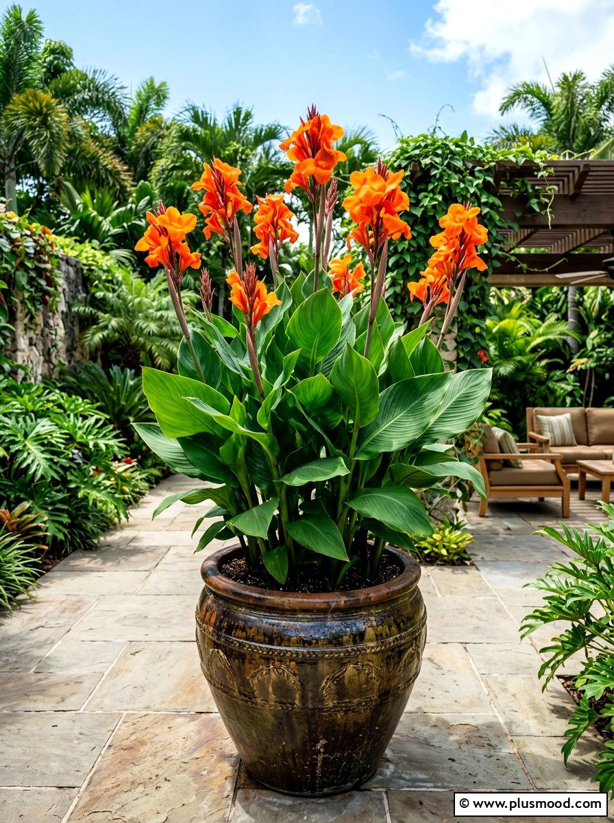 Canna lily large planter - 25 summer flower pot ideas