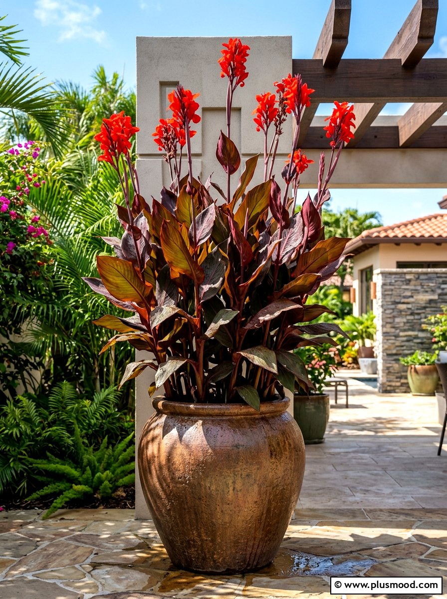 Canna lily tall container - 25 summer planter ideas for full sun