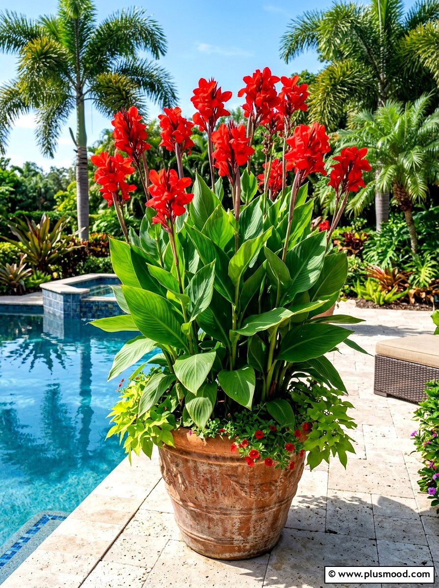 Canna lily vibrant spike planter - 25 summer poolside planter ideas