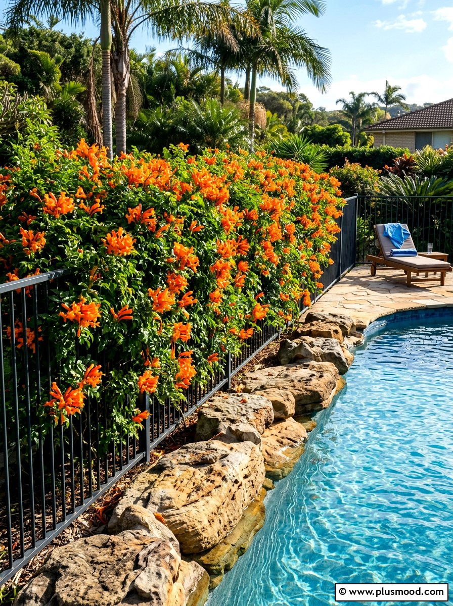 Cape Honeysuckle Orange Pool Hedge - 25 pool landscaping ideas with climbing plants