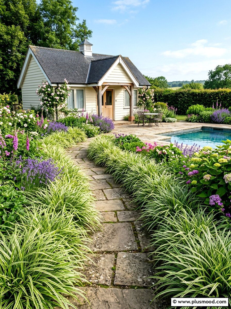 Carex grass pool walkway path - 25 pool landscaping ideas with ornamental grasses