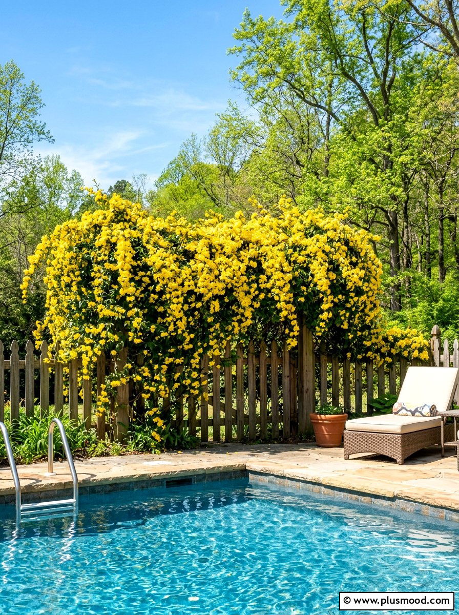 Carolina Jessamine Poolside Fence - 25 pool landscaping ideas with climbing plants