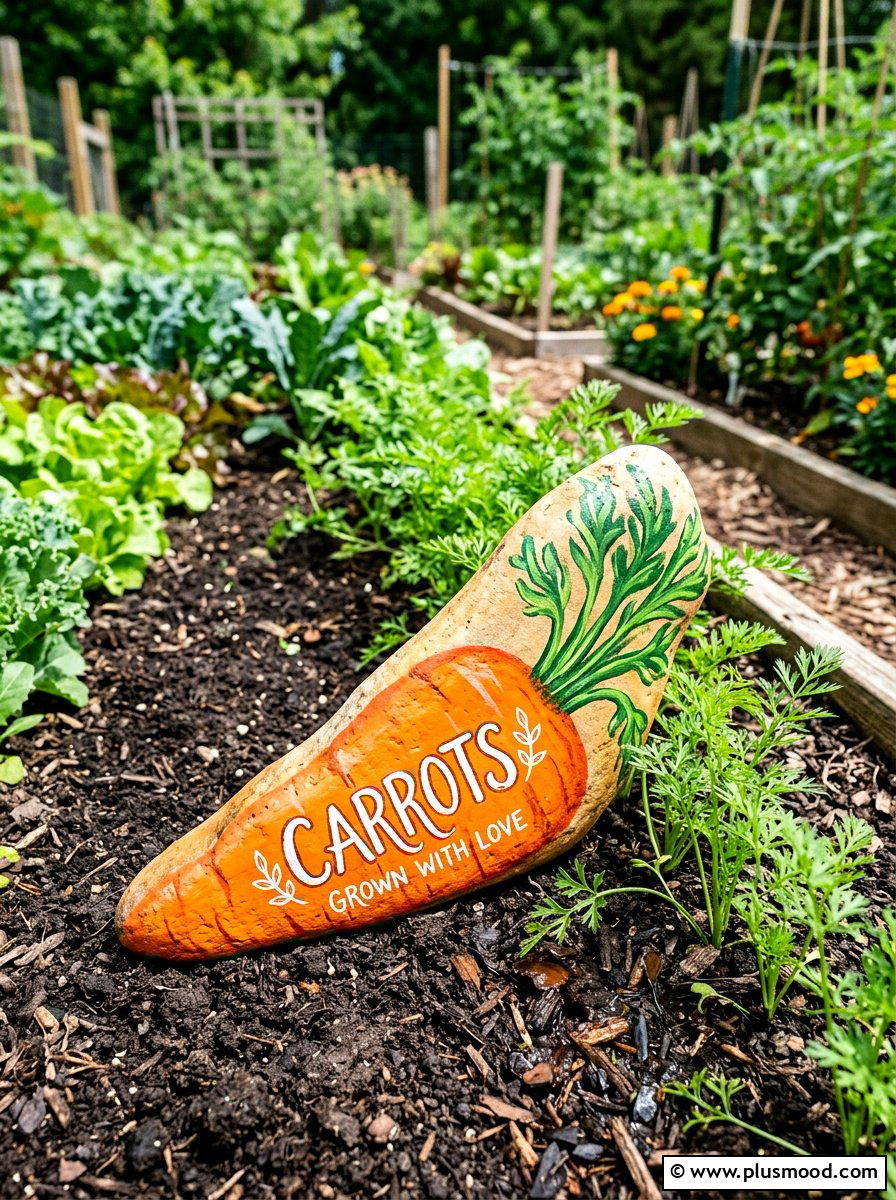 Carrot Garden Stone - 25 painted rock ideas for plant markers