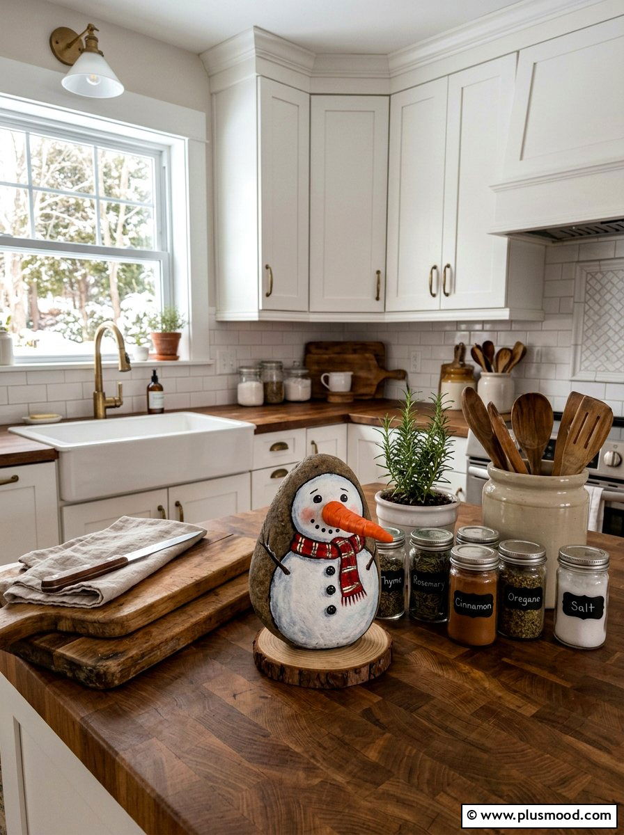 Carrot nose snowman painting - 25 painted rock ideas with snowman art