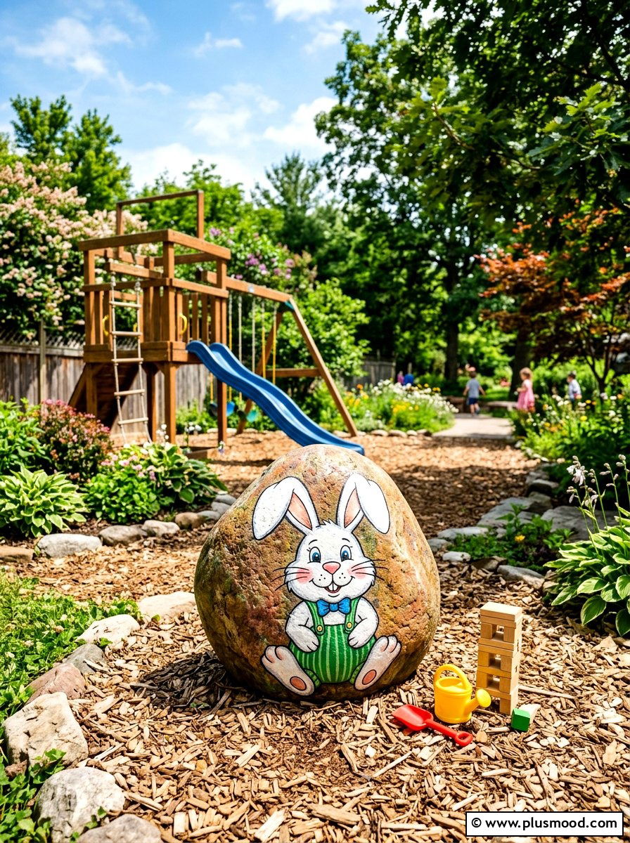 Cartoon Bunny Painted Stone - 25 painted rock ideas with Easter bunny