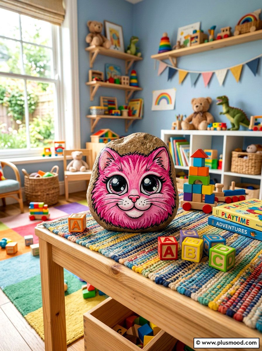 Cartoon Cat Face - 25 painted rock ideas with cats