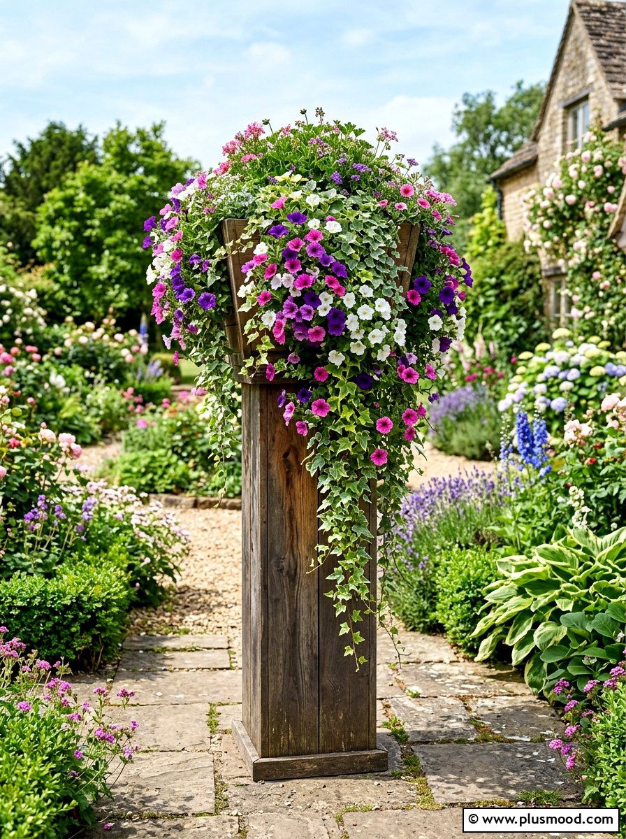 Cascading Floral Planter - 25 small backyard ideas with wooden planter