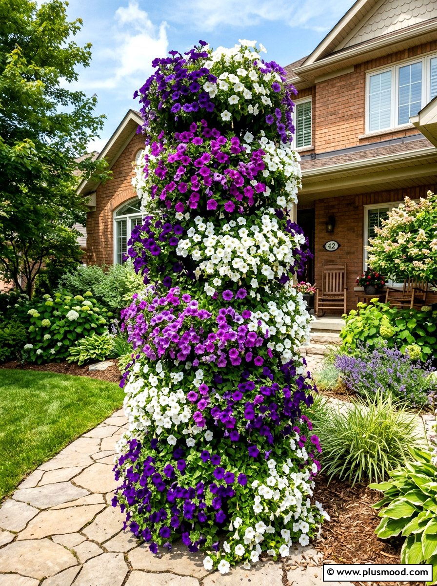 Cascading petunia flower tower - 25 summer stacked planter ideas