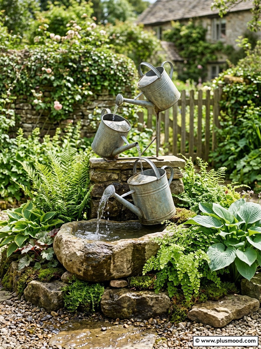 Cascading watering can fountain - 25 outdoor garden decor ideas with watering cans