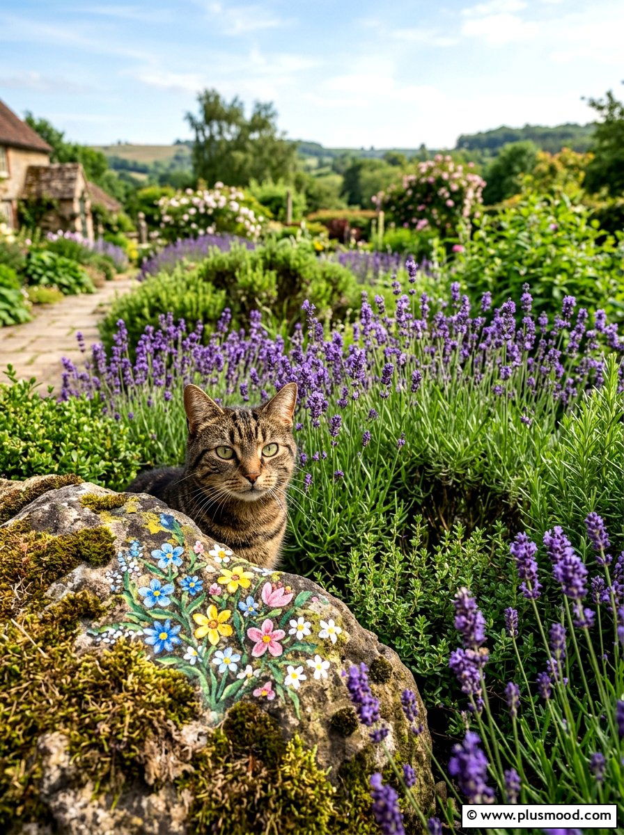 Cat In Garden - 25 painted rock ideas with cats
