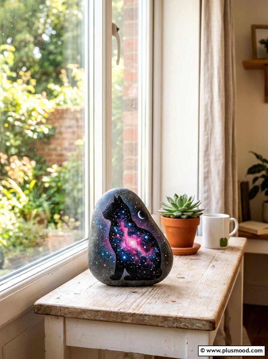 Cat silhouette galaxy rock - 25 painted rock ideas with galaxy design
