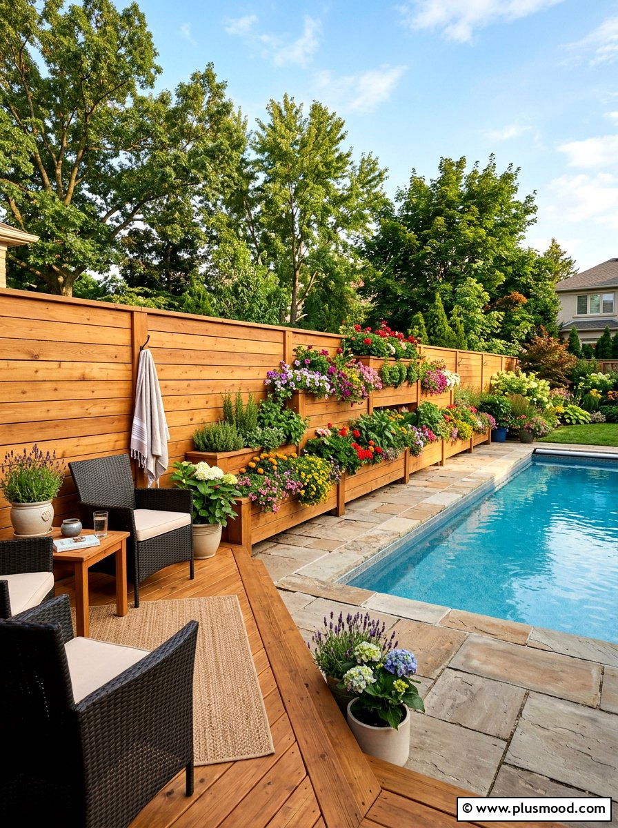 Cedar Fence Planters - 25 pool landscaping ideas with fence