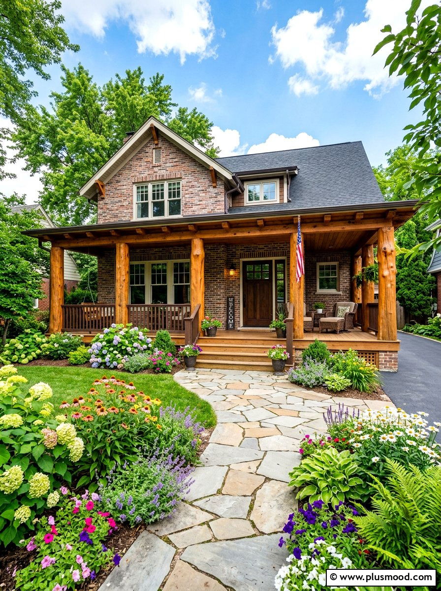 Cedar Porch Columns - 25 summer brick house curb appeal ideas