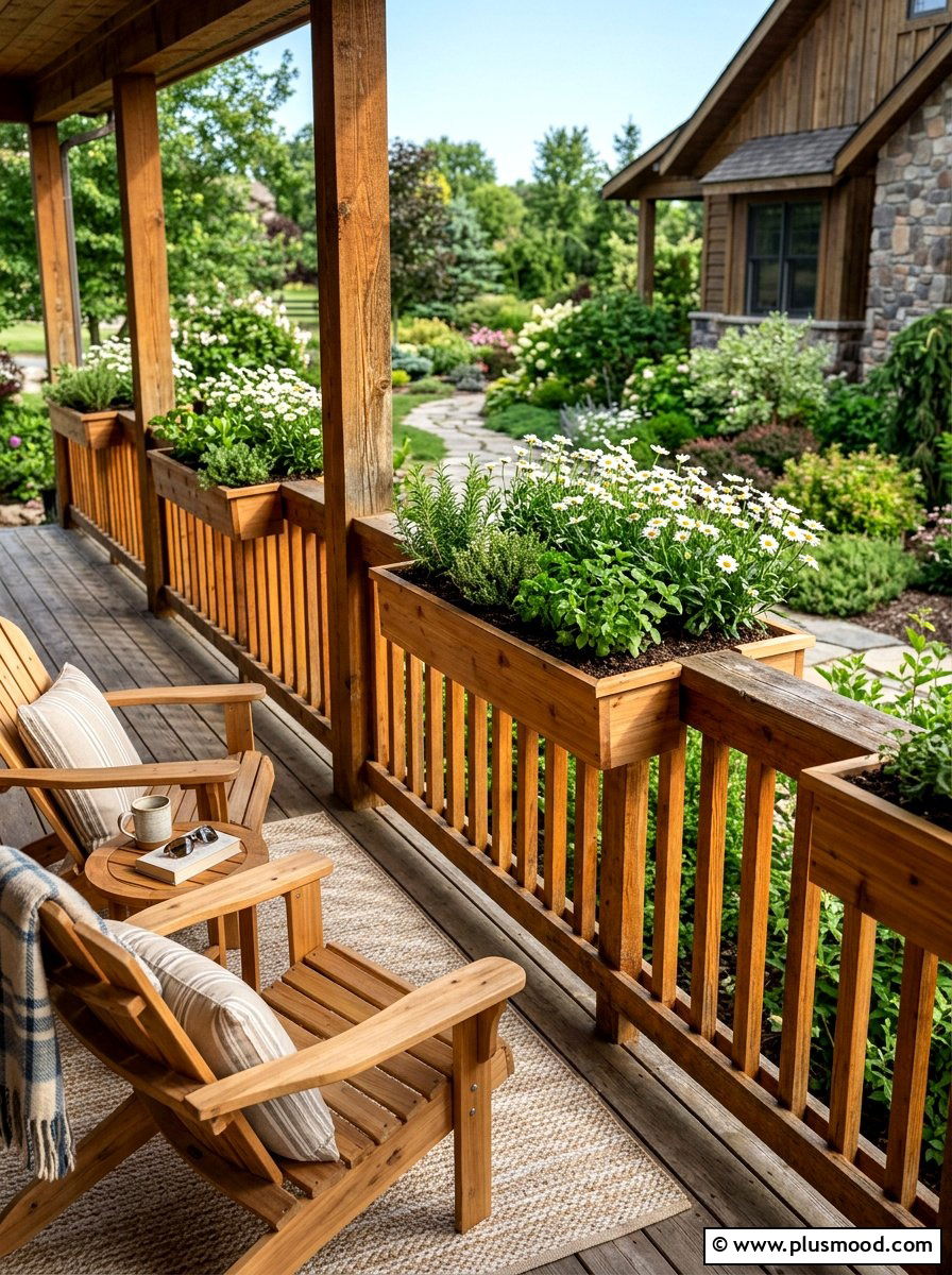 Cedar railing planters - 25 summer porch rail decor ideas
