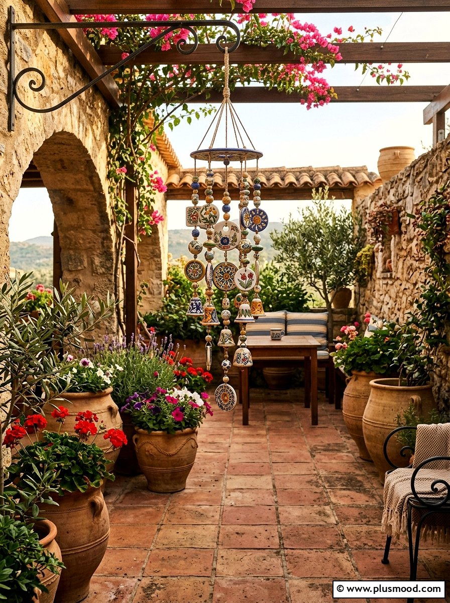 Ceramic pottery patio space - 25 outdoor garden decor ideas with wind chimes