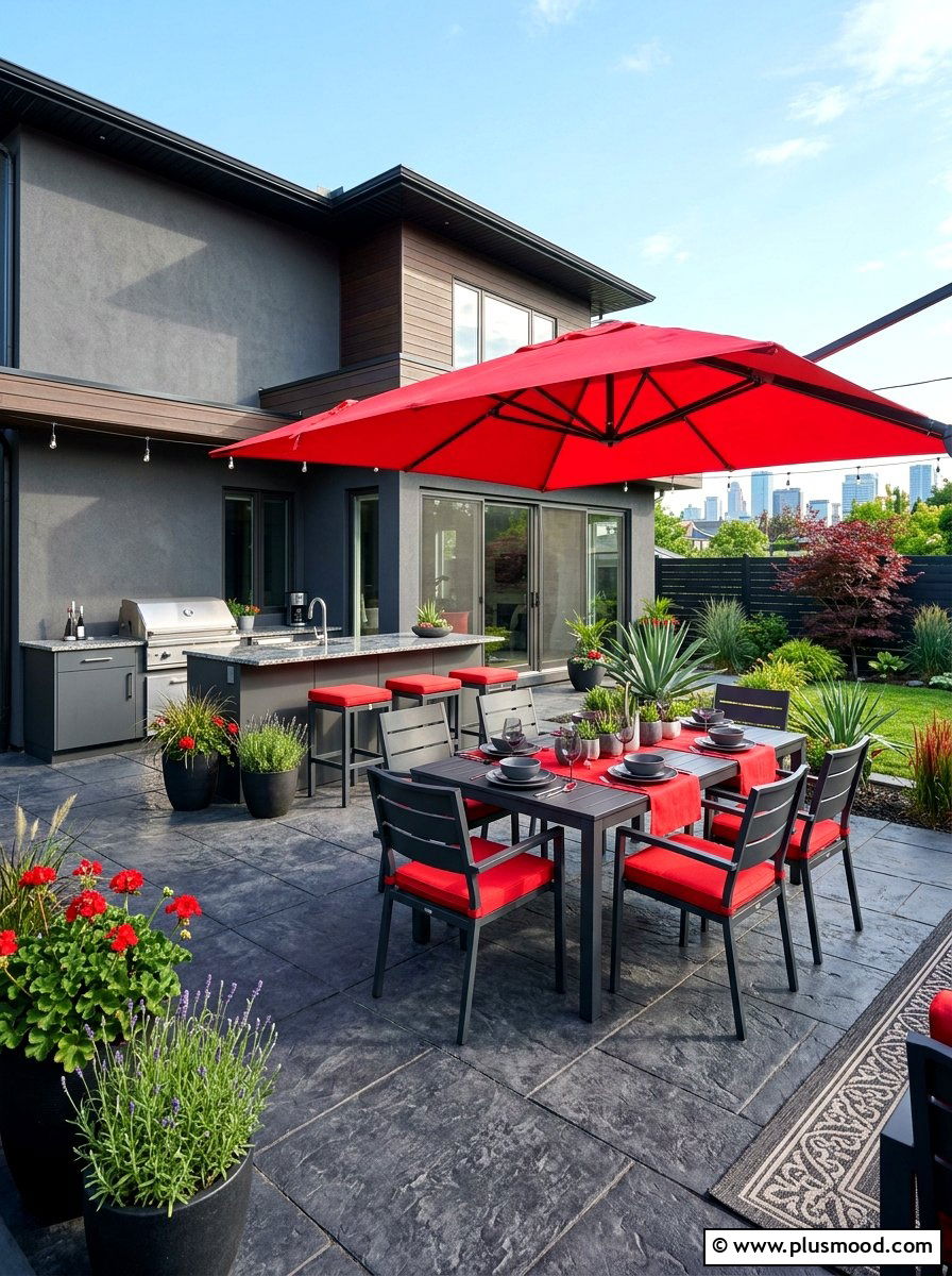 Charcoal and red patio - 25 summer patio color ideas