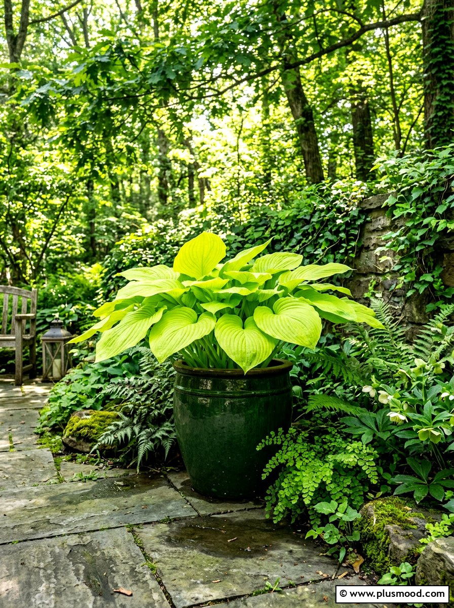 Chartreuse hosta shade pot - 25 summer monochrome planter ideas