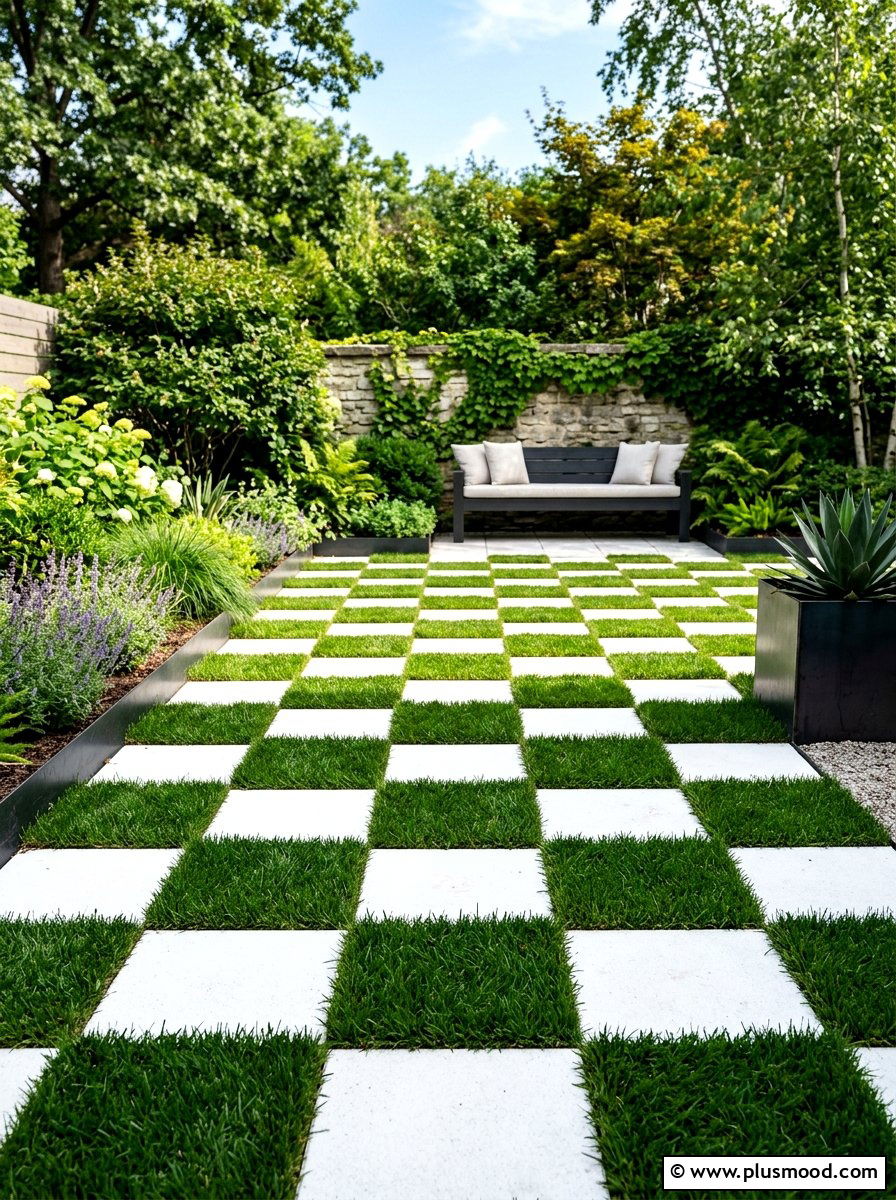 Checkerboard Garden Pavers - 25 small backyard ideas with stepping stones