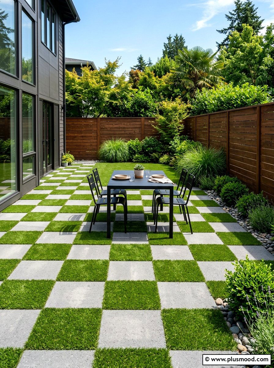 Checkerboard Paver Turf - 25 small backyard ideas for no grass yards