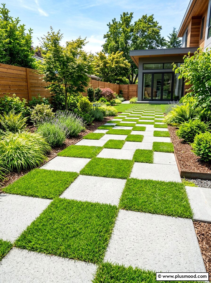 Checkerboard Pavers With Grass - 25 small backyard ideas with pavers