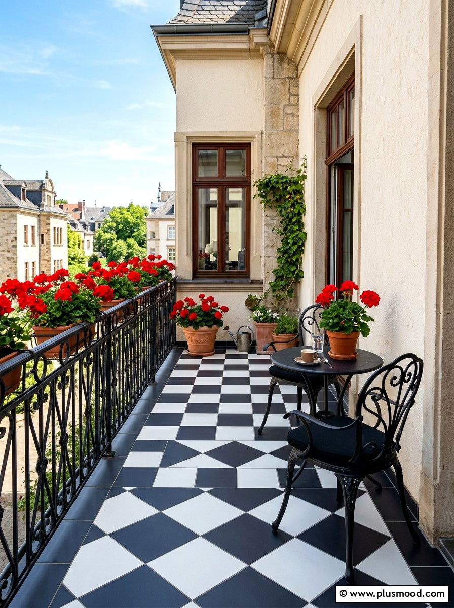 Checkerboard floor tiles - 25 summer balcony floor decor ideas