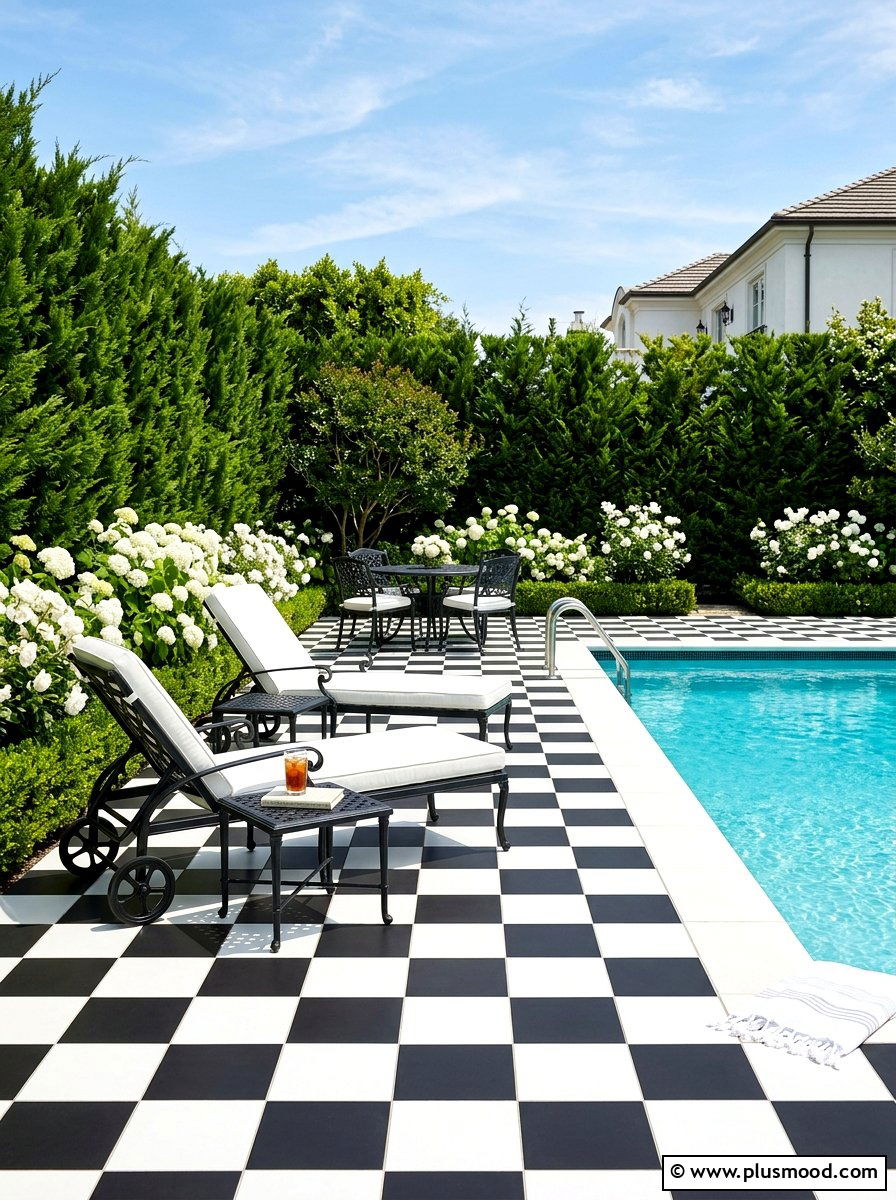 Checkerboard tile pool deck - 25 pool landscaping ideas with tile accents
