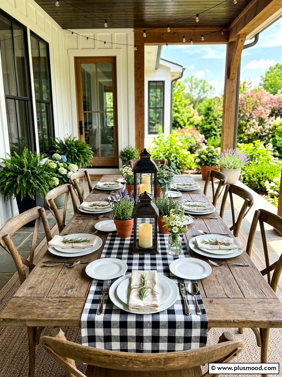 Checkered outdoor table runner - 25 summer farmhouse outdoor entertaining ideas