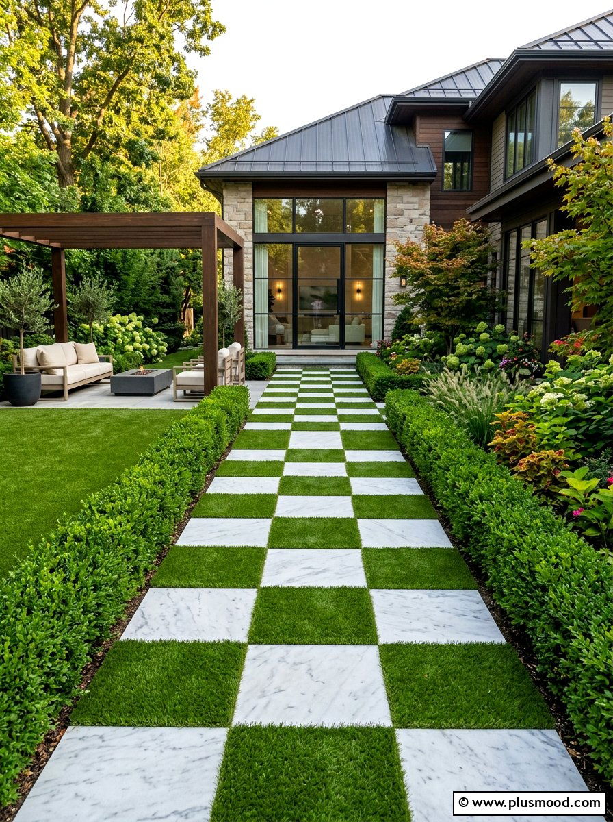 Checkered turf and tiles - 25 small backyard ideas with artificial turf