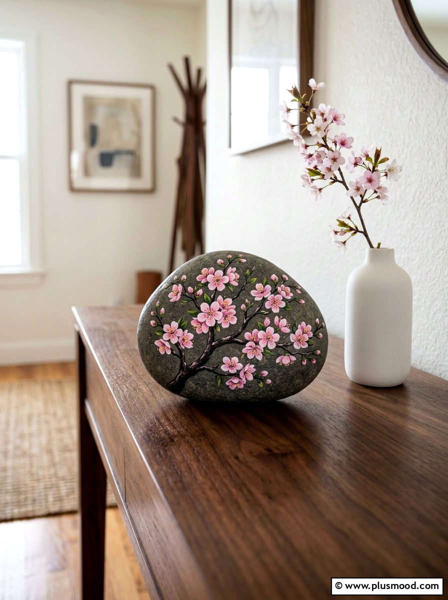 Cherry Blossom Painted Rock - 25 painted rock ideas with nature prints