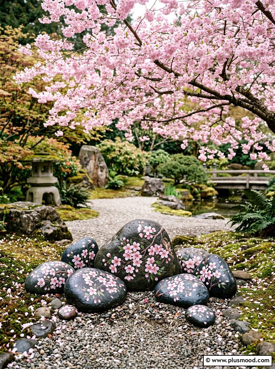 Cherry Blossom Rock - 25 painted rock ideas with flowers