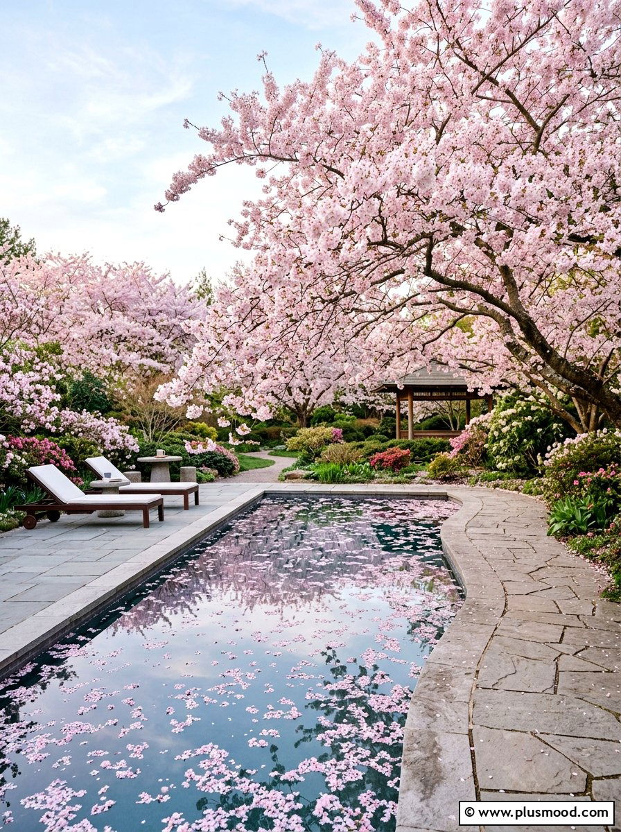Cherry Blossom Tree Pool Landscape - 25 pool landscaping ideas with Japanese style