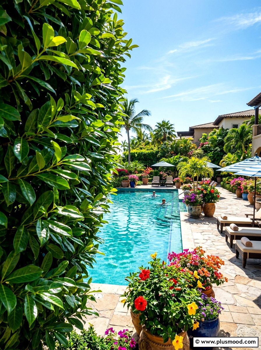 Cherry laurel pool hedge border - 25 pool landscaping ideas with hedge border