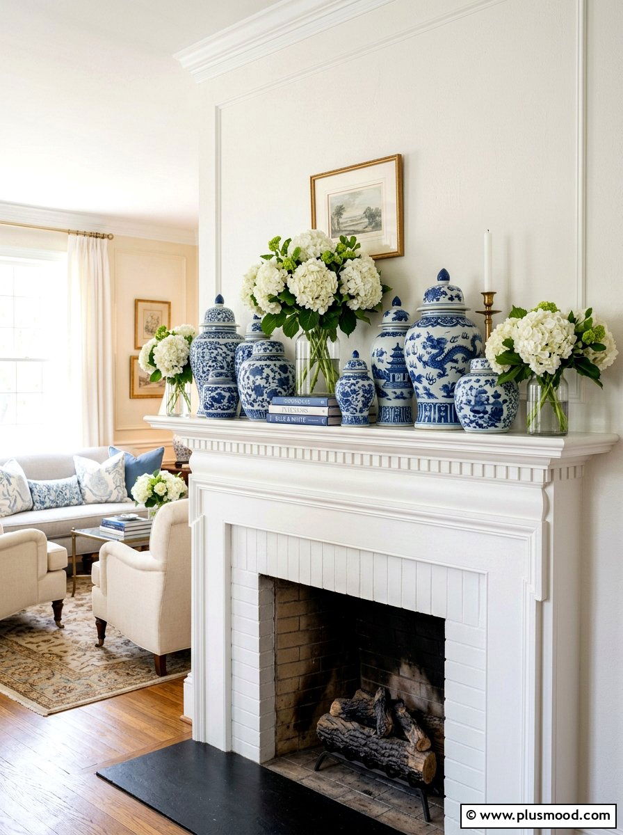 Chinoiserie ginger jar display - 25 summer decor ideas with blue and white