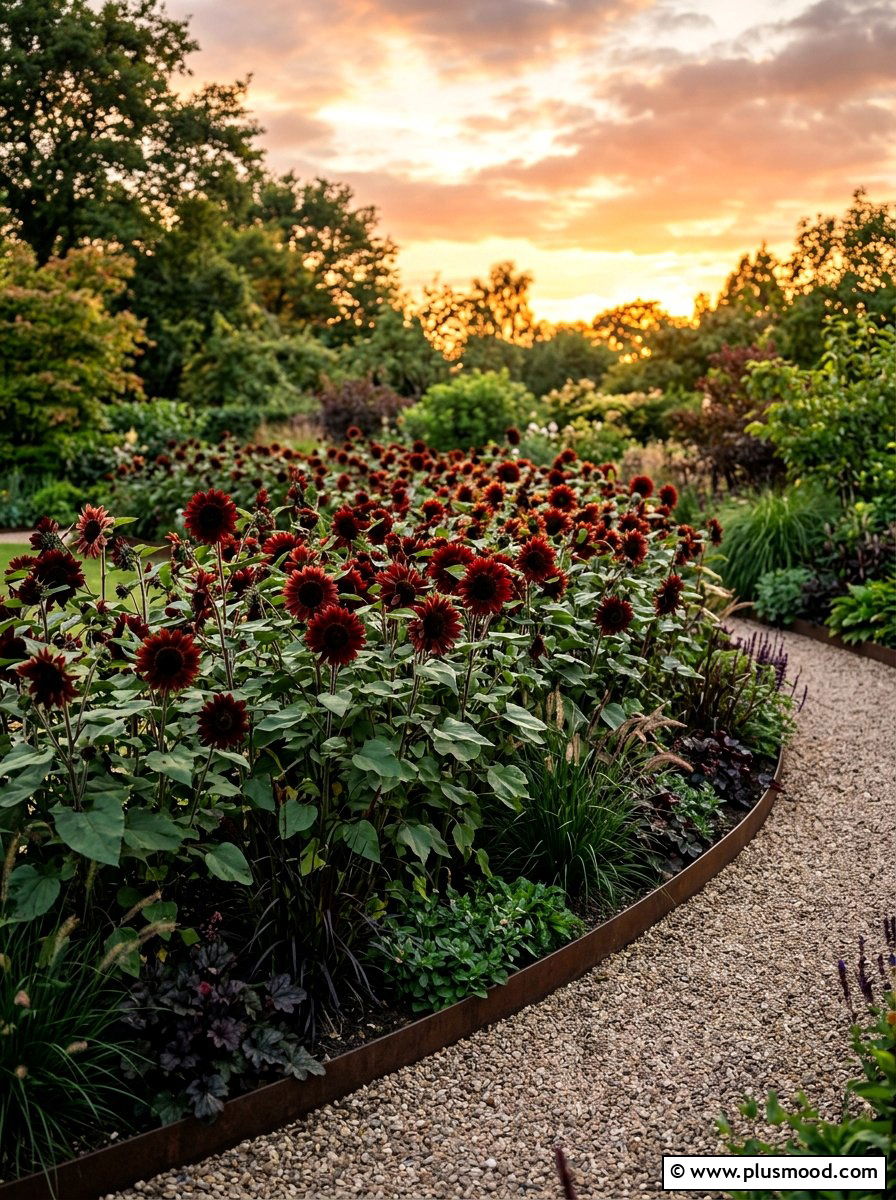 Chocolate Sunflower Bed - 25 summer sunflower garden ideas