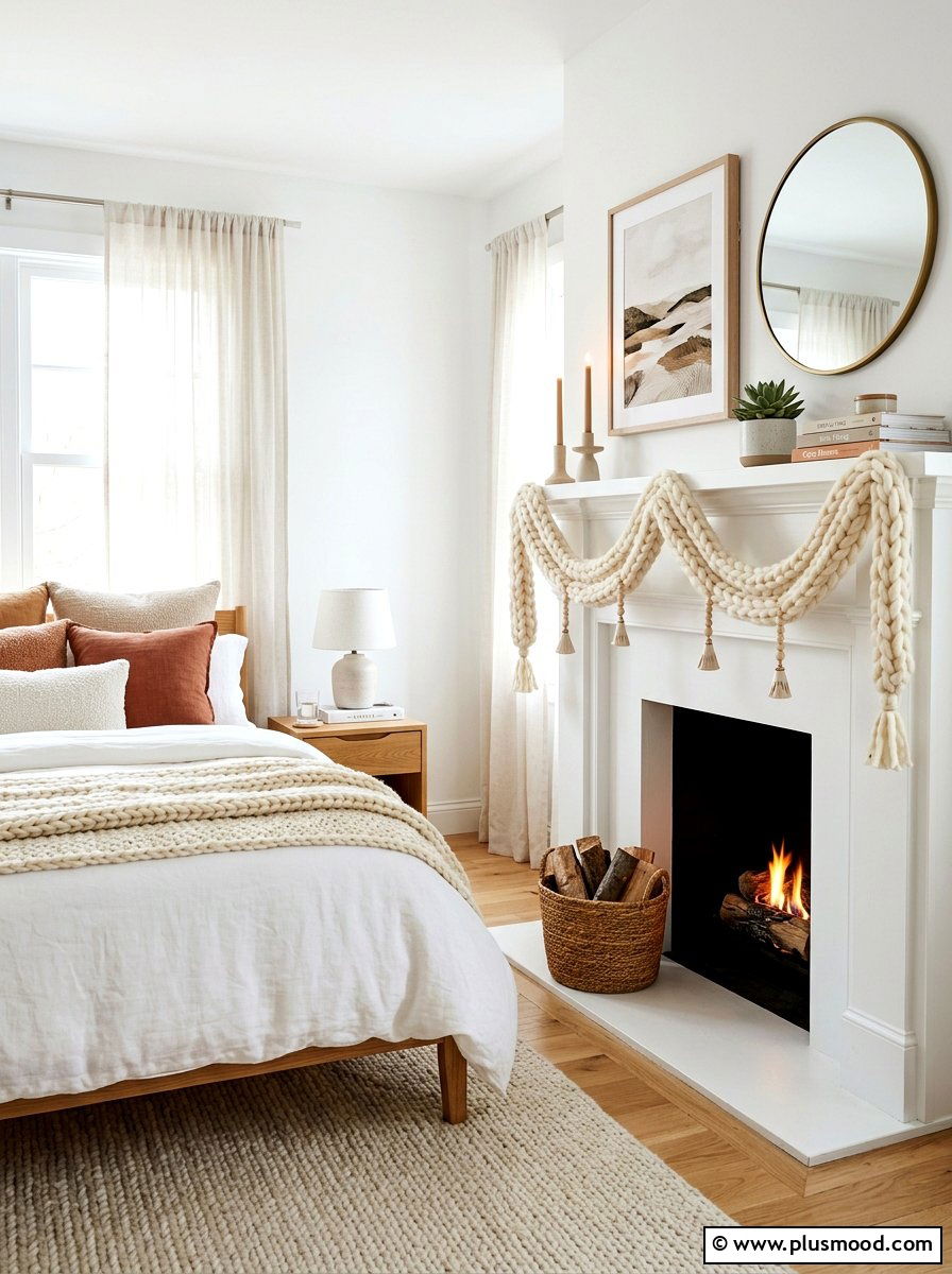 Chunky Knit Garland Mantel - 25 summer to fall mantel ideas