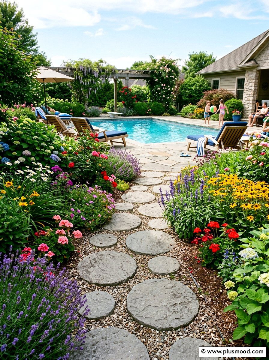 Circular garden stones - 25 pool landscaping ideas with stepping stones