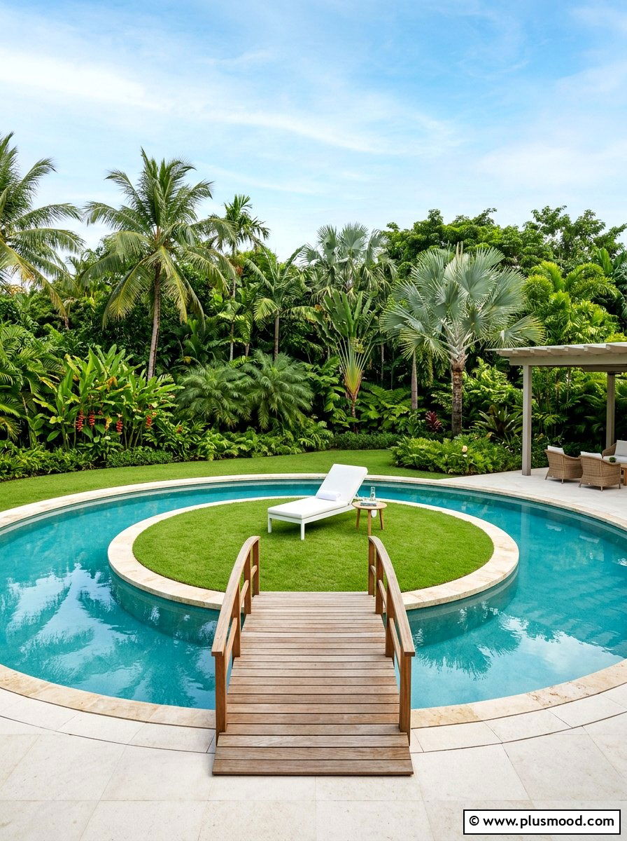 Circular pool with lawn island - 25 pool landscaping ideas with grass