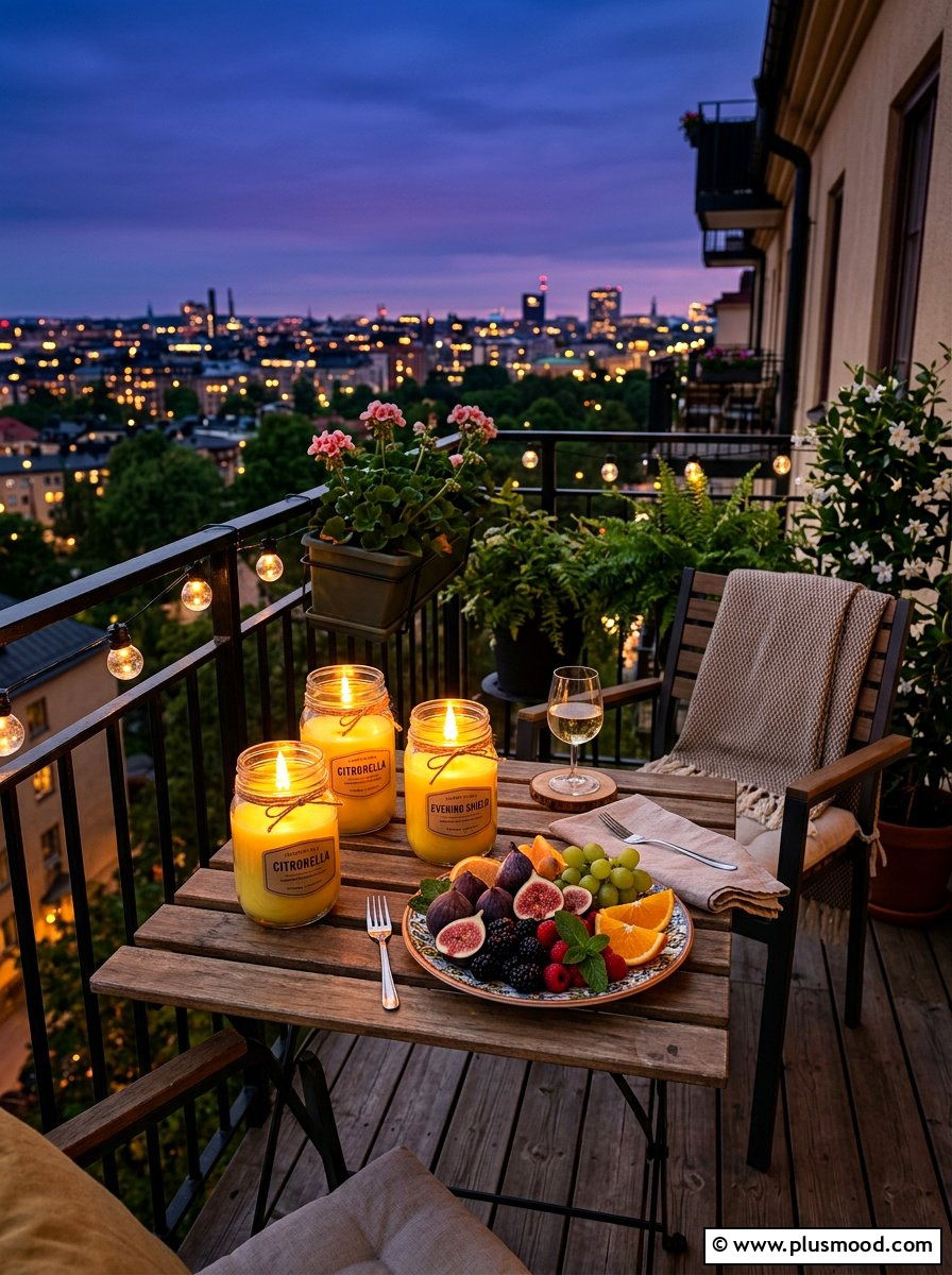 Citronella candles in jars - 25 summer balcony ideas on a budget