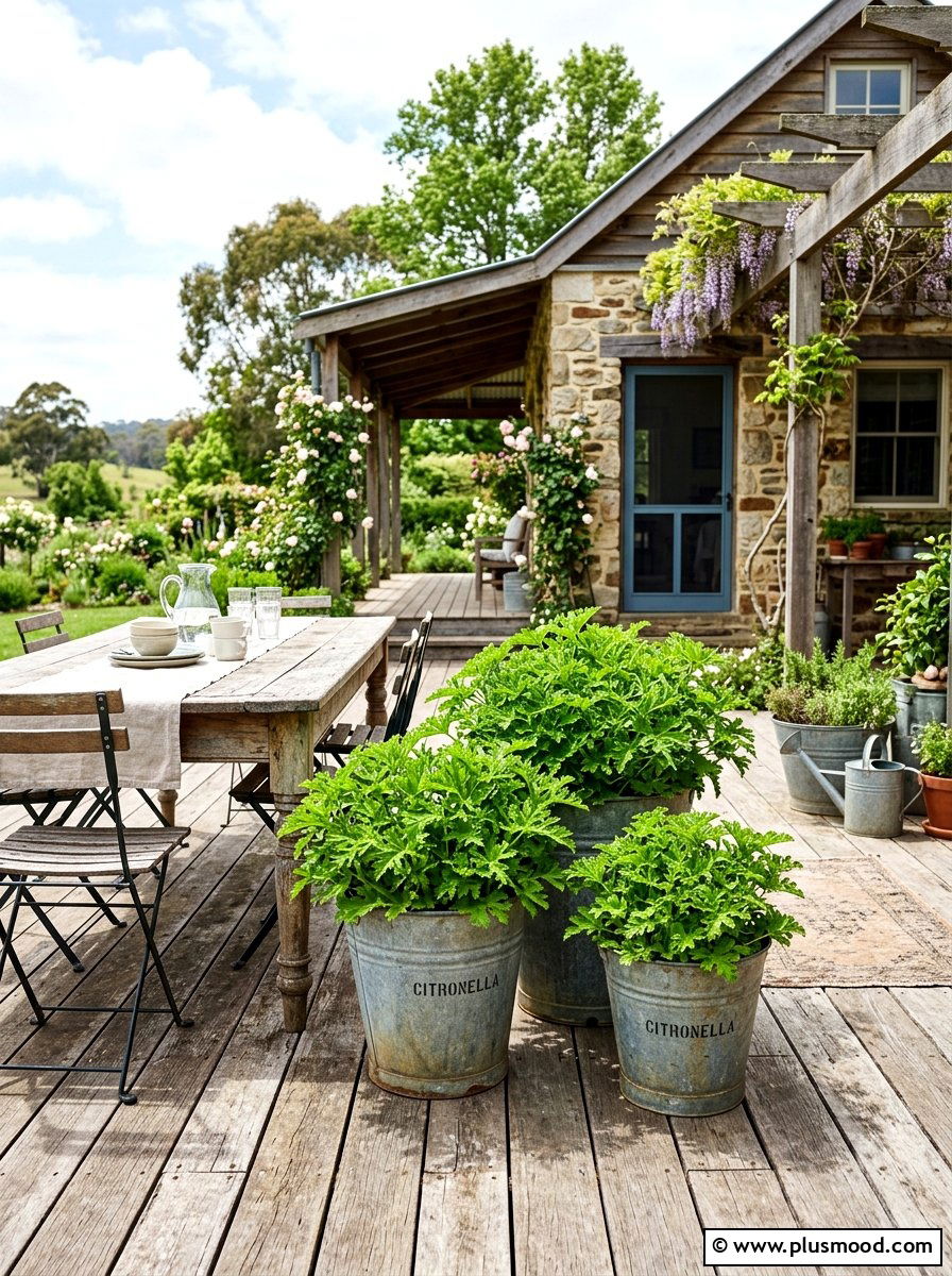 Citronella in galvanized metal buckets - 25 summer patio ideas with citronella plants