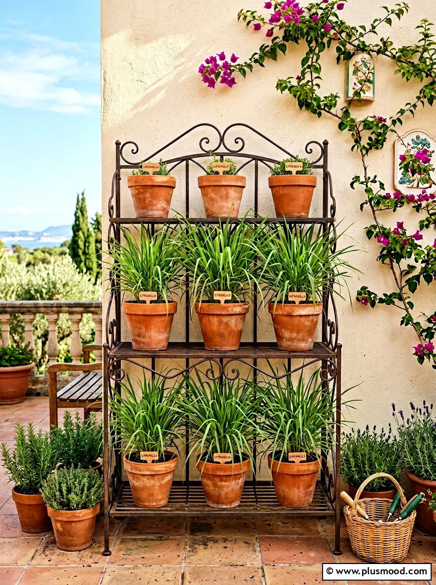 Citronella plants on tiered stands - 25 summer patio ideas with citronella plants