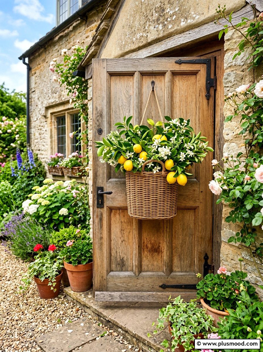 Citrus door basket - 25 summer front porch decor ideas with lemons