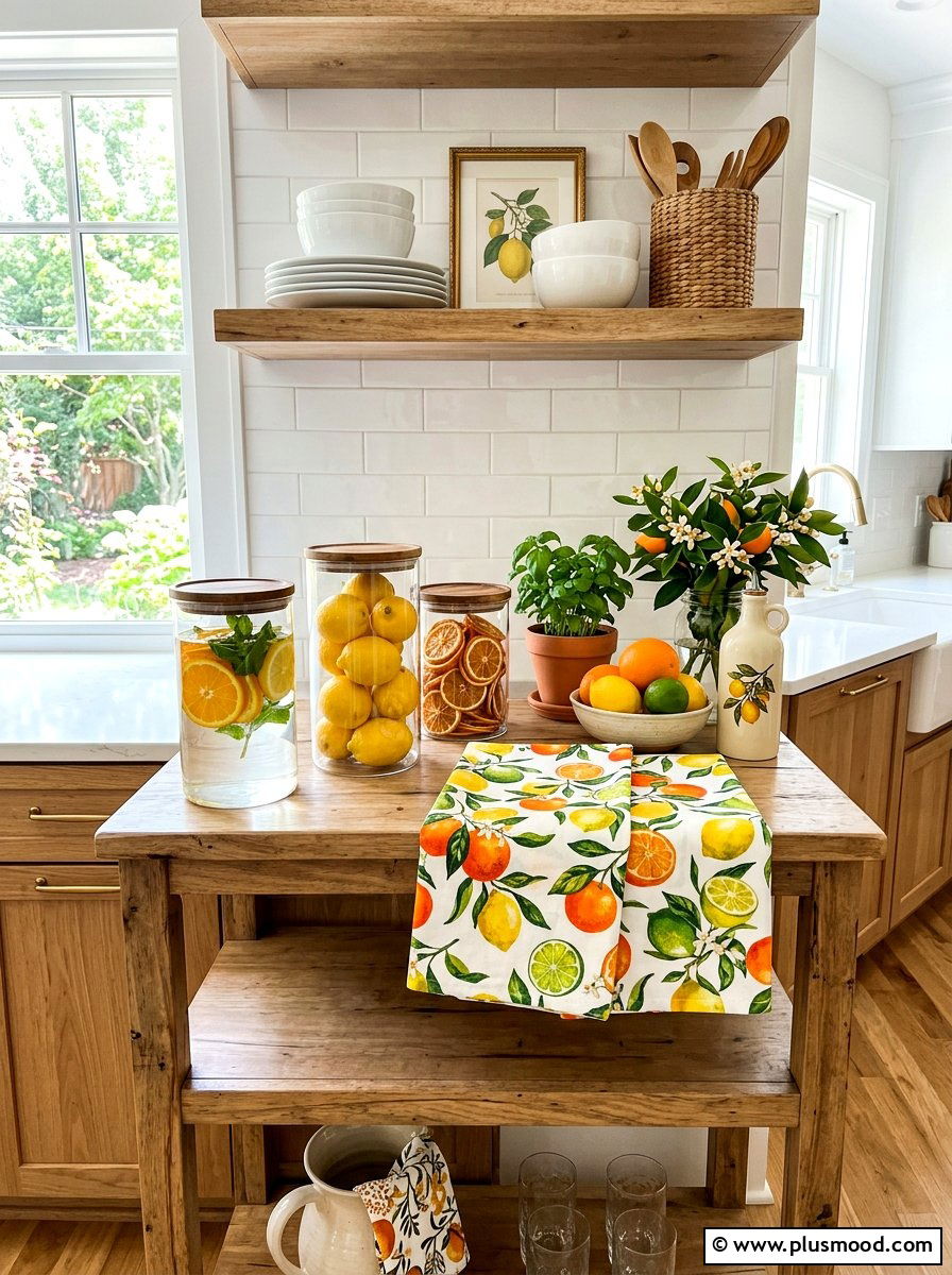 Citrus kitchen shelves - 25 summer shelf decor ideas