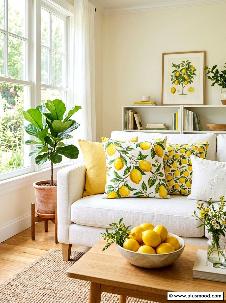 Citrus lemon print decorative pillows - 25 summer throw pillow ideas for living room
